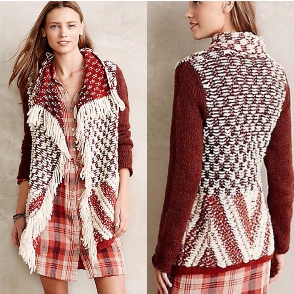 Anthropologie Red and Cream Cardigan Sweater